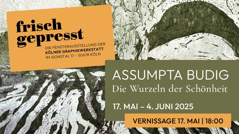 Einladungskarte zur Schaufensterausstellung mit Assumpta Budig